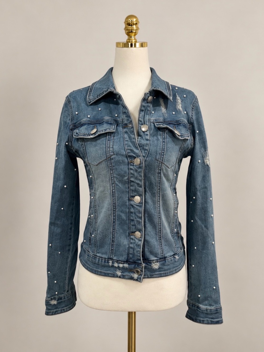 Fitted Denim Jacket with Pearls - Small